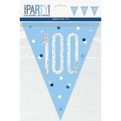 100th BIRTHDAY GLITZ BLUE PRISMATIC PLASTIC PENNANT BANNER