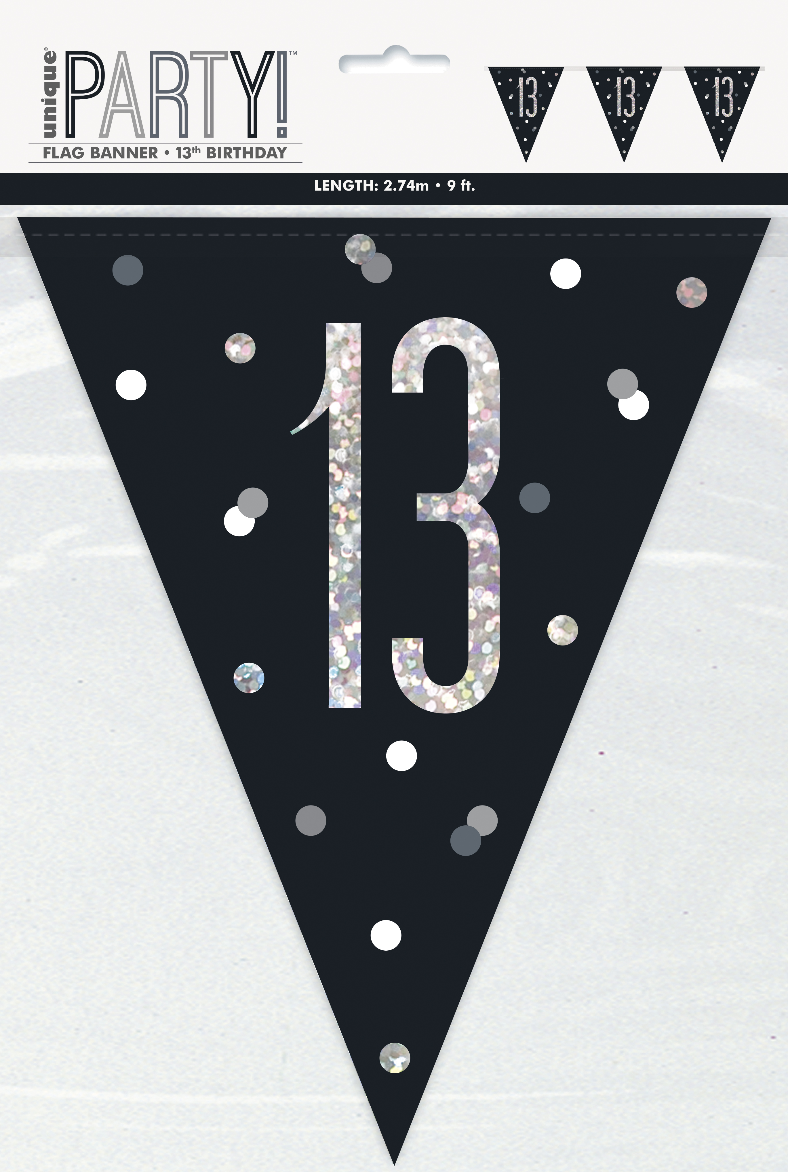 13th BIRTHDAY GLITZ BLACK PRISMATIC PLASTIC PENNANT BANNER