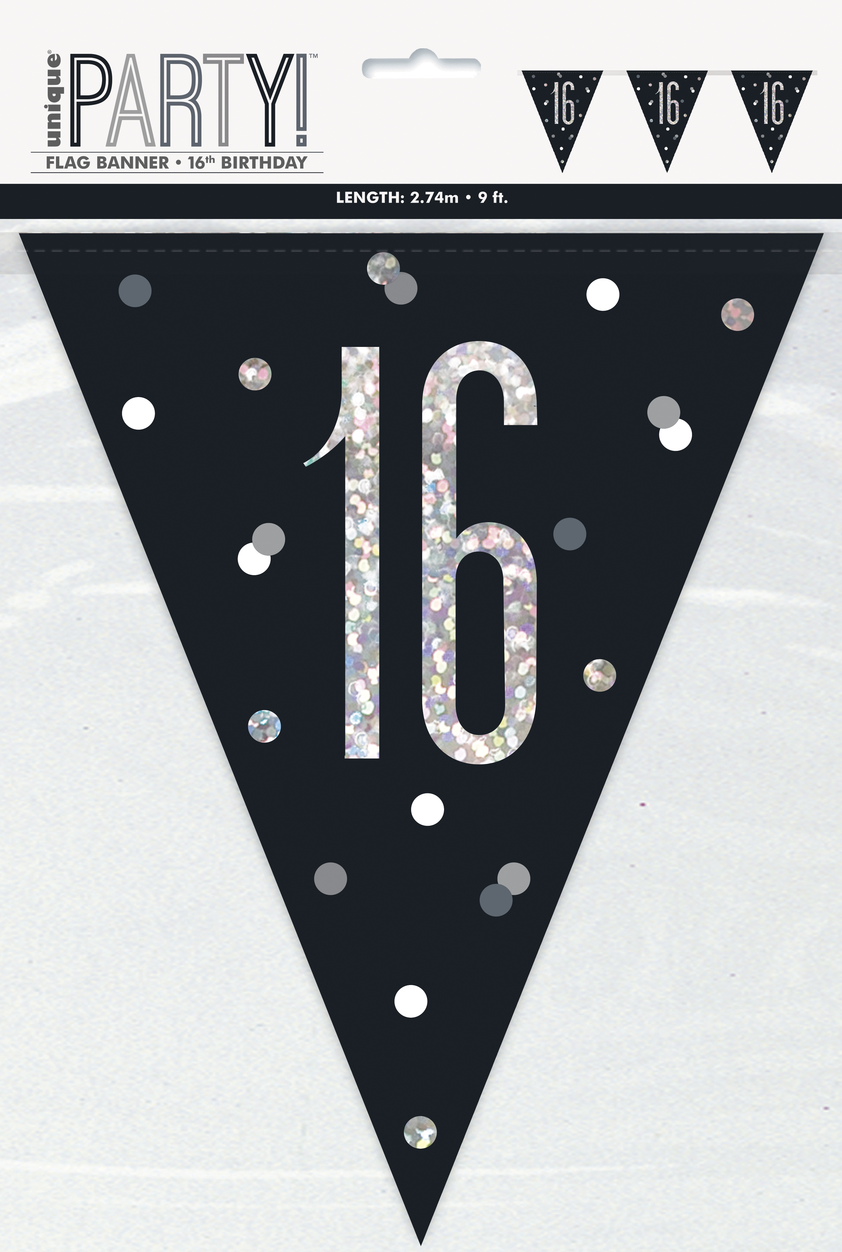 16th BIRTHDAY GLITZ BLACK PRISMATIC PLASTIC PENNANT BANNER