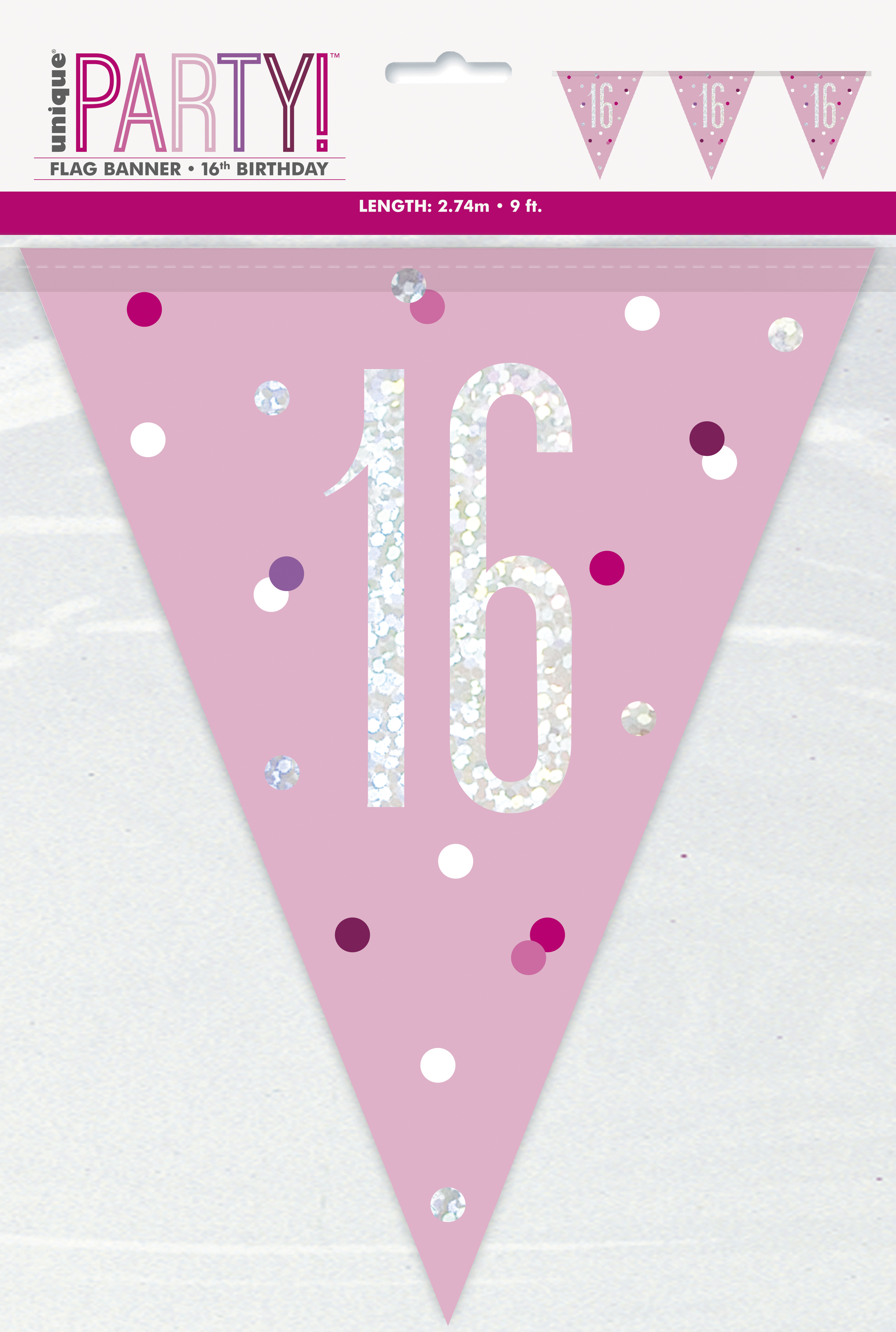 16th Birthday Glitz Pink Prismatic Plastic Pennant Banner