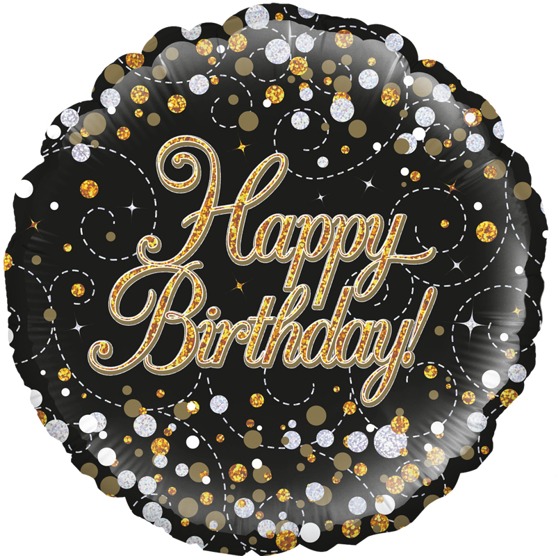 18" Sparkling Fizz Birthday Black & Gold Holographic