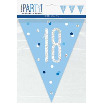 18th BIRTHDAY GLITZ BLUE PRISMATIC PLASTIC PENNANT BANNER