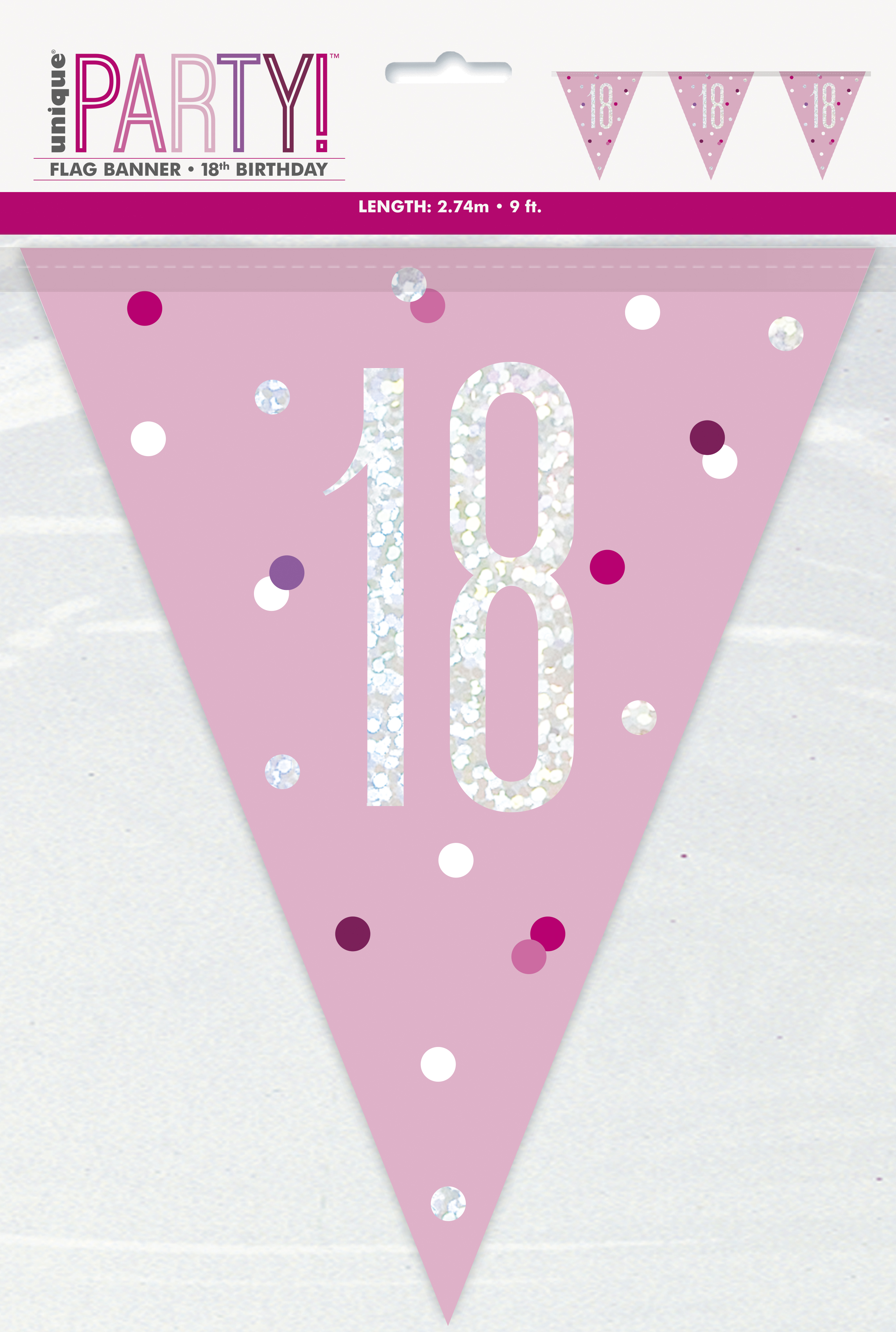 18th Birthday Glitz Pink Prismatic Plastic Pennant Banner