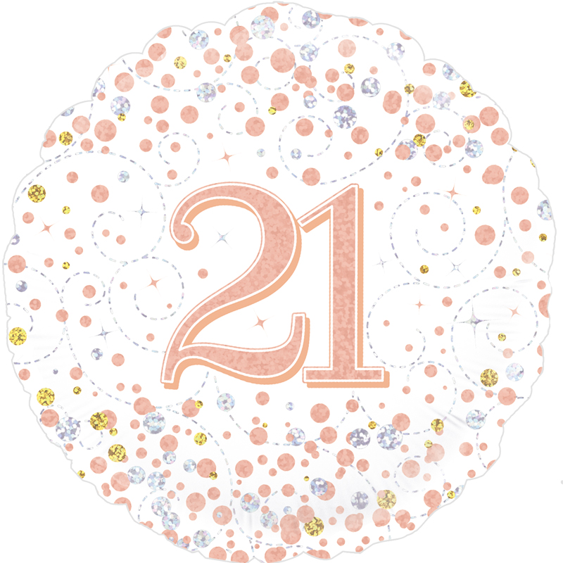 21st Sparkling Fizz Birthday White & Rose Gold Holographic 18 Inch Foil Balloon