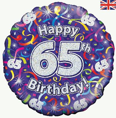 Happy 65th Birthday Streamers Holographic Foil Balloon 18"