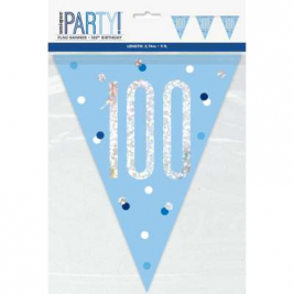 100th BIRTHDAY GLITZ BLUE PRISMATIC PLASTIC PENNANT BANNER