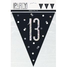 13th BIRTHDAY GLITZ BLACK PRISMATIC PLASTIC PENNANT BANNER