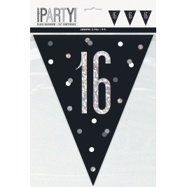 16th BIRTHDAY GLITZ BLACK PRISMATIC PLASTIC PENNANT BANNER