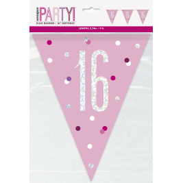 16th Birthday Glitz Pink Prismatic Plastic Pennant Banner