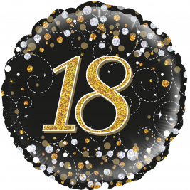18" 18th Sparkling Fizz Birthday Black & Gold Holographic  Foil Balloon