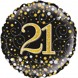 18" 21st Sparkling Fizz Birthday Black & Gold Holographic Foil Balloon