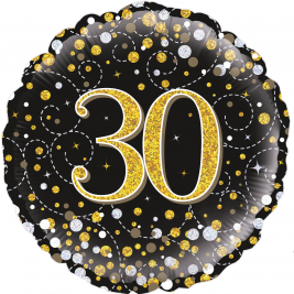 18" 30th Sparkling Fizz Birthday Black & Gold Holographic Foil Balloon