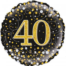 18" 40th Sparkling Fizz Birthday Black & Gold Holographic Foil Balloon