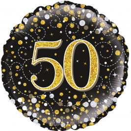 18" 50th Sparkling Fizz Birthday Black & Gold Holographic Foil Balloon