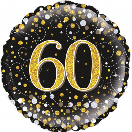 18" 60th Sparkling Fizz Birthday Black & Gold Holographic Foil Balloon