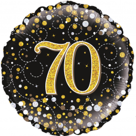 18" 70th Sparkling Fizz Birthday Black & Gold Holographic Foil Balloon