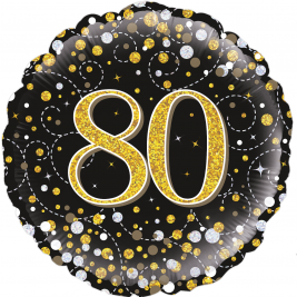18" 80th Sparkling Fizz Birthday Black & Gold Holographic Foil Balloon