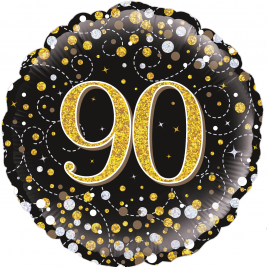18" 90th Sparkling Fizz Birthday Black & Gold Holographic Foil Balloon