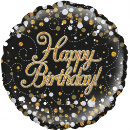 18" Sparkling Fizz Birthday Black & Gold Holographic