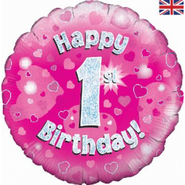 1st Birthday Pink Holographic Foil Balloon