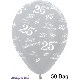 25th Anniversary Pearl Silver Latex Balloons 11 Inch - 50 Pack