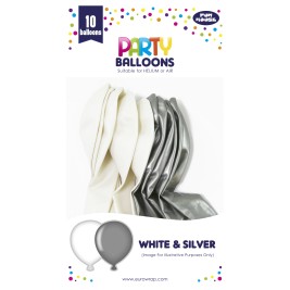 10PK Assorted White and Silver Balloons