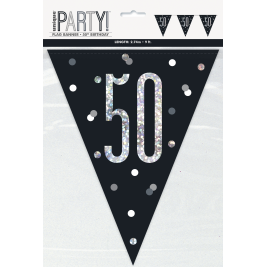 50th BIRTHDAY GLITZ BLACK PRISMATIC PLASTIC PENNANT BANNER