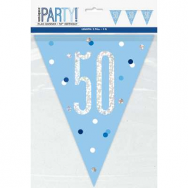 50th BIRTHDAY GLITZ BLUE PRISMATIC PLASTIC PENNANT BANNER