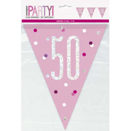 50th Birthday Glitz Pink Prismatic Plastic Pennant Banner