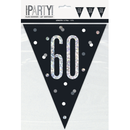 60th BIRTHDAY GLITZ BLACK PRISMATIC PLASTIC PENNANT BANNER