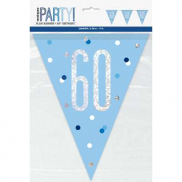 60th BIRTHDAY GLITZ BLUE PRISMATIC PLASTIC PENNANT BANNER