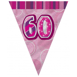 60th Birthday Pink Glitz Prism  Pennant Banner 9ft