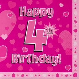 Pink Happy 4th Birthday 3ply Napkins 33cm x 33cm - 16pk