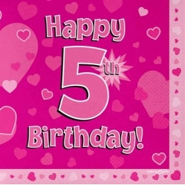 Pink Happy 5th Birthday 3ply Napkins 33cm x 33cm - 16pk