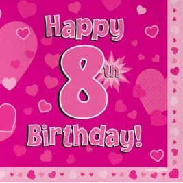 Pink Happy 8th Birthday 3ply Napkins 33cm x 33cm - 16pk