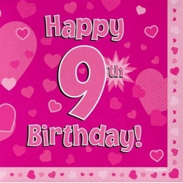 Pink Happy 9th Birthday 3ply Napkins 33cm x 33cm - 16pk