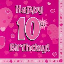 Pink Happy 10th Birthday 3ply Napkins 33cm x 33cm - 16pk