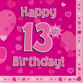Pink Happy 13th Birthday 3ply Napkins 33cm x 33cm - 16pk