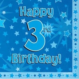 Blue Happy 3rd Birthday 3ply Napkins 33cm x 33cm - 16pk