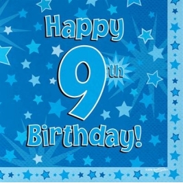 Blue Happy 9th Birthday 3ply Napkins 33cm x 33cm - 16pk