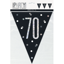 70th BIRTHDAY GLITZ BLACK PRISMATIC PLASTIC PENNANT BANNER