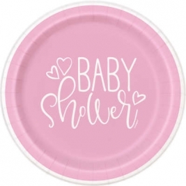 Baby Shower Pink Hearts Round 9 Inch Dinner Plates Pack of 8