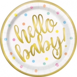 Baby Shower Round 9 Inches Gold Dinner Plates Pack of 8  - Foil Boar