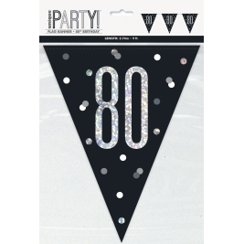 80th BIRTHDAY GLITZ BLACK PRISMATIC PLASTIC PENNANT BANNER