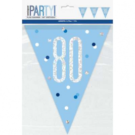 80th BIRTHDAY GLITZ BLUE PRISMATIC PLASTIC PENNANT BANNER
