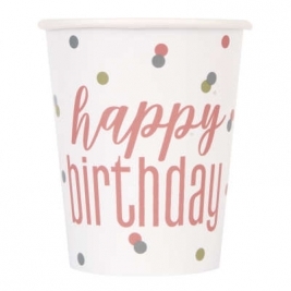 Happy Birthday Glitz Rose Gold Cups 9oz Pack of 8