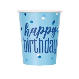 8 Blue & Silver "Happy Birthday" Cups 9oz