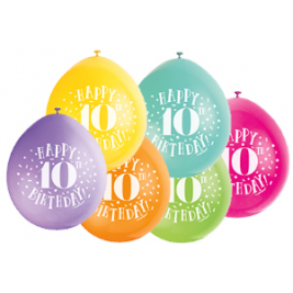 9" Happy 10th Birthday Assorted Colours Balloons Pack of 10