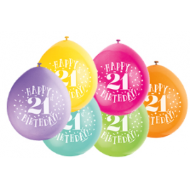 9" Happy 21th Birthday Assorted Colours Balloons Pack of 10