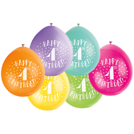 9" Happy 4th Birthday Assorted Colours Balloons Pack of 10